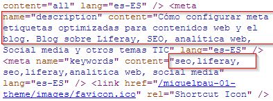 Resultado meta description y keywords en código fuente de Liferay