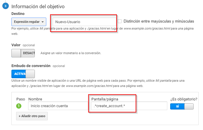 Creación de un objetivo en Analytics